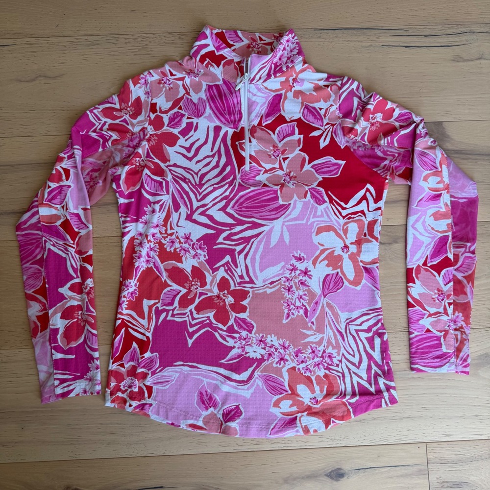 IBKUL Womens Amelia Pink Floral Print UPF 50+ Quarter Zip Sun Shirt XS